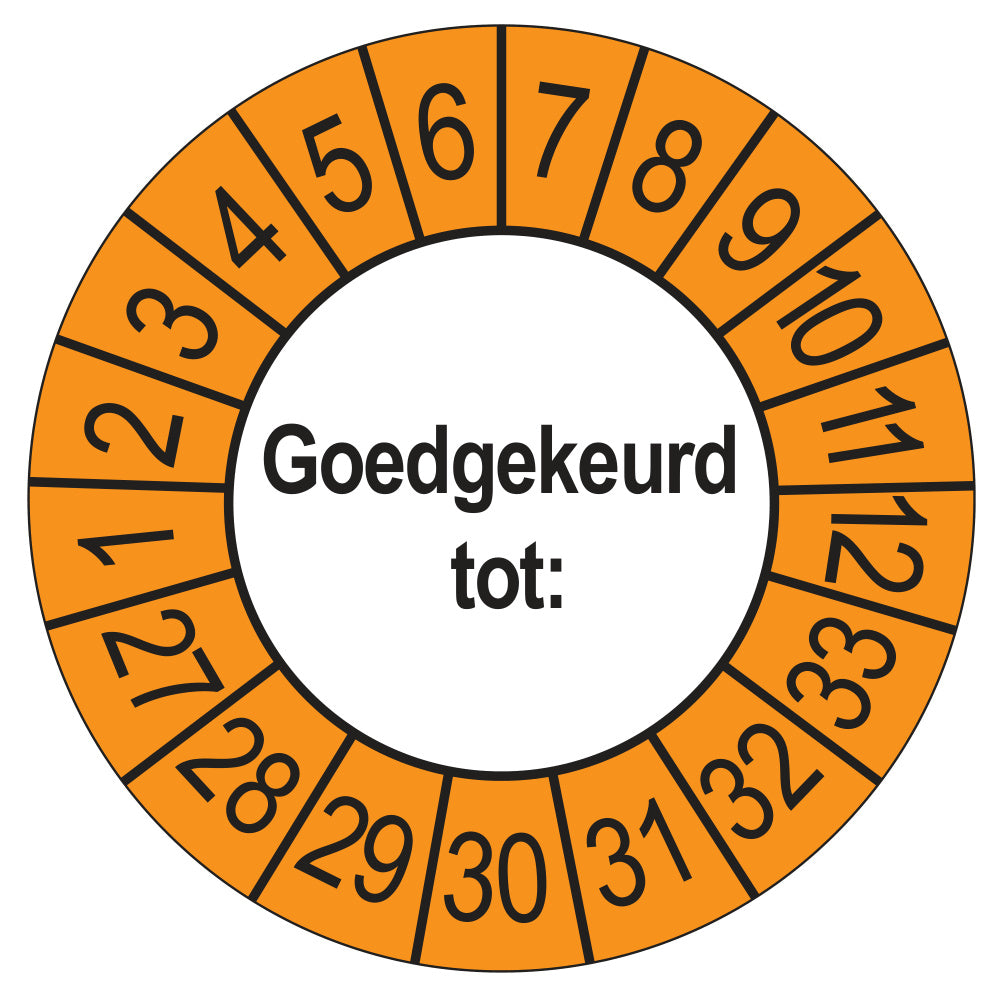 Keuringssticker Goedgekeurd tot, buiten oranje, Ø 35 mm