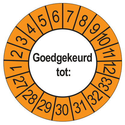 Keuringssticker Goedgekeurd tot, buiten oranje, Ø 35 mm