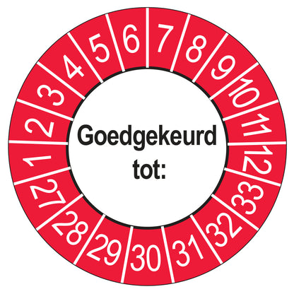 Keuringssticker Goedgekeurd tot, buiten rood, Ø 35 mm