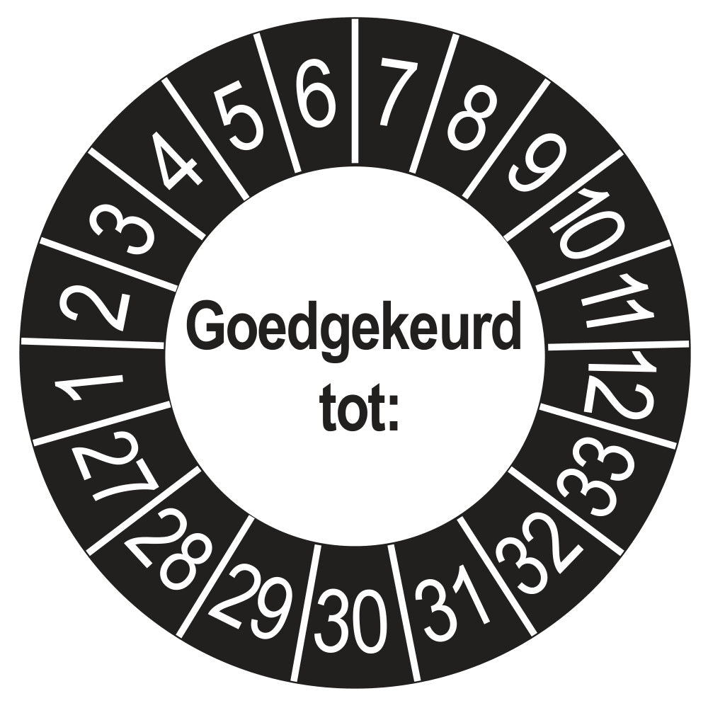 Keuringssticker Goedgekeurd tot, buiten zwart, Ø 35 mm