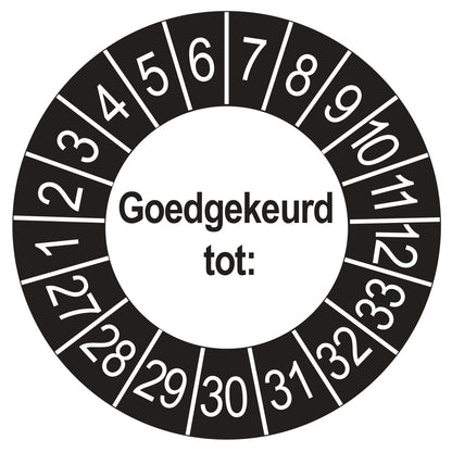 Keuringssticker Goedgekeurd tot, buiten zwart, Ø 35 mm