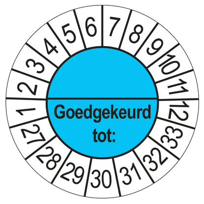 Keuringssticker Goedgekeurd tot met scheidingsstreep, blauw, Ø 35 mm