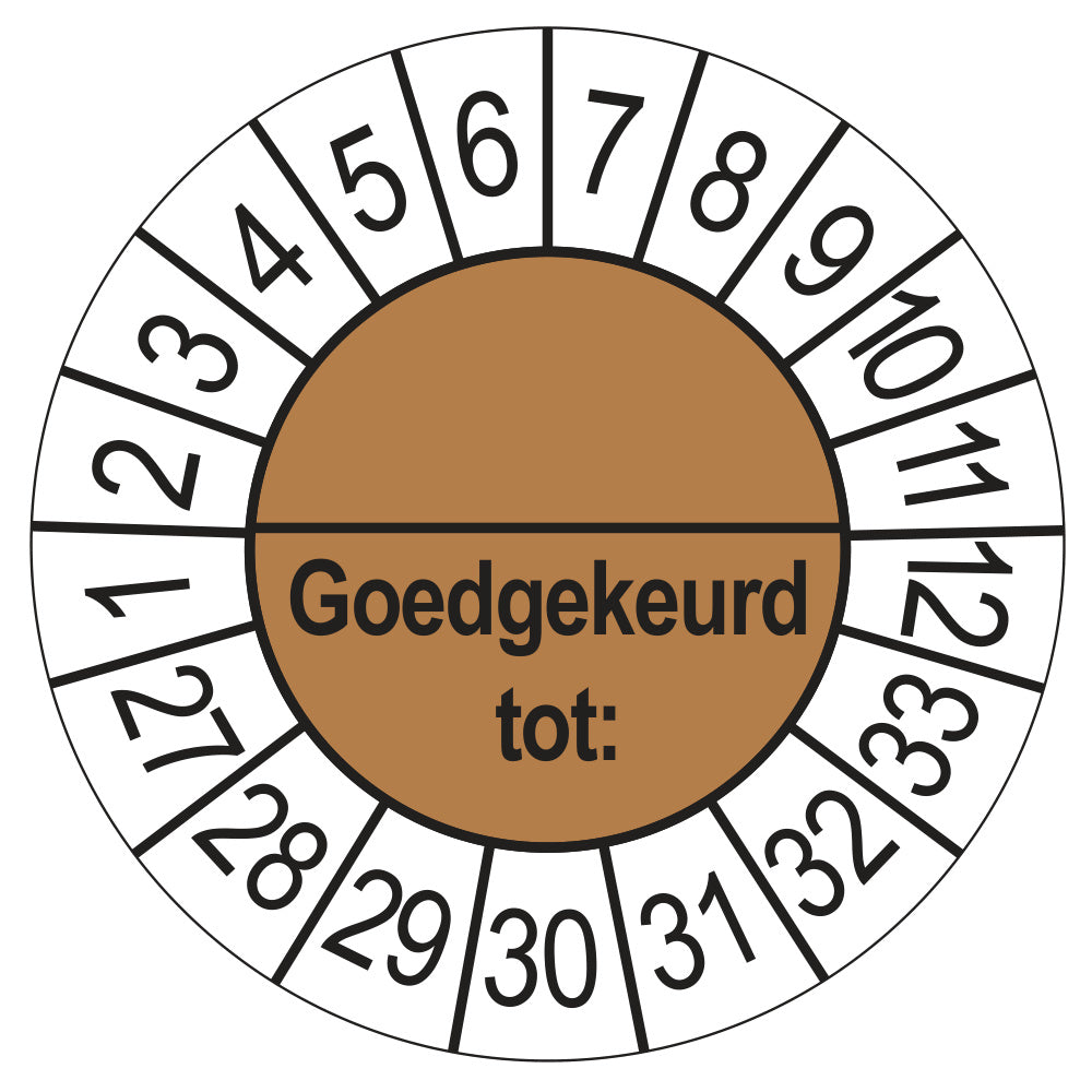 Keuringssticker Goedgekeurd tot met scheidingsstreep, bruin, Ø 35 mm