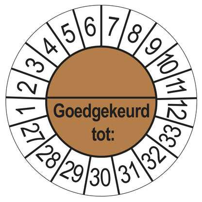 Keuringssticker Goedgekeurd tot met scheidingsstreep, bruin, Ø 35 mm