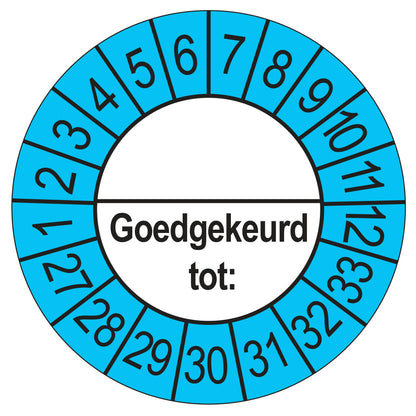 Keuringssticker Goedgekeurd tot met scheidingsstreep, buiten blauw, Ø 35 mm