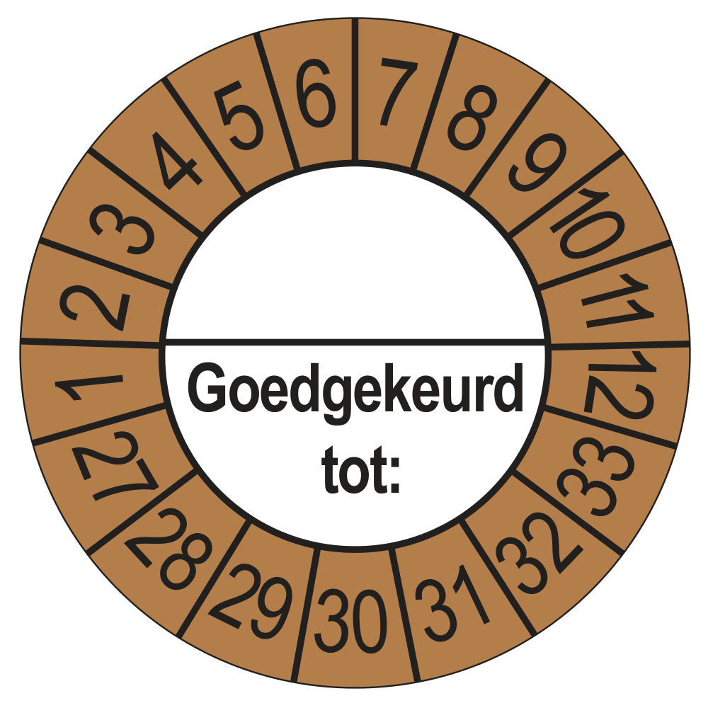 Keuringssticker Goedgekeurd tot met scheidingsstreep, buiten bruin, Ø 35 mm