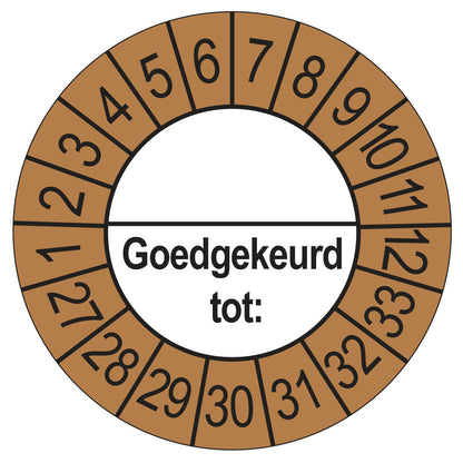 Keuringssticker Goedgekeurd tot met scheidingsstreep, buiten bruin, Ø 35 mm