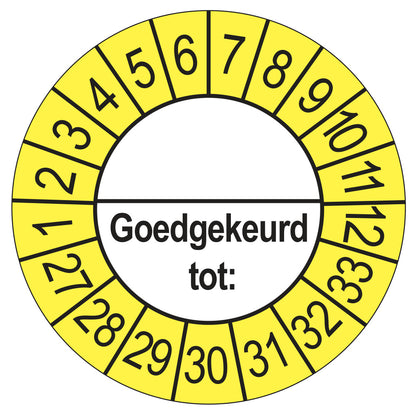 Keuringssticker Goedgekeurd tot met scheidingsstreep, buiten geel, Ø 35 mm