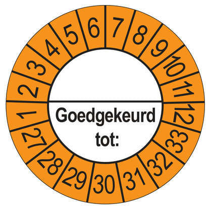 Keuringssticker Goedgekeurd tot met scheidingsstreep, buiten oranje, Ø 35 mm