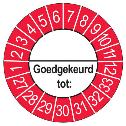 Keuringssticker Goedgekeurd tot met scheidingsstreep, buiten rood, Ø 35 mm