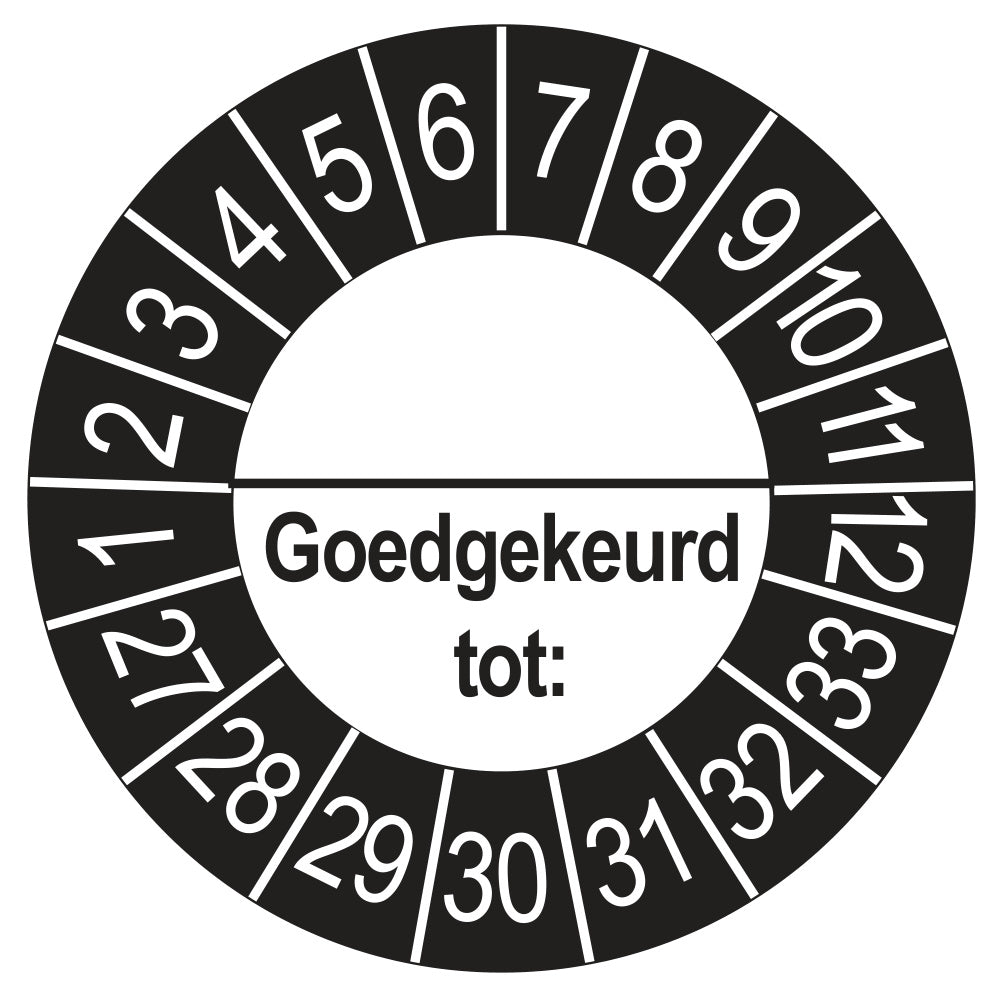 Keuringssticker Goedgekeurd tot met scheidingsstreep, buiten zwart, Ø 35 mm