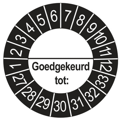 Keuringssticker Goedgekeurd tot met scheidingsstreep, buiten zwart, Ø 35 mm