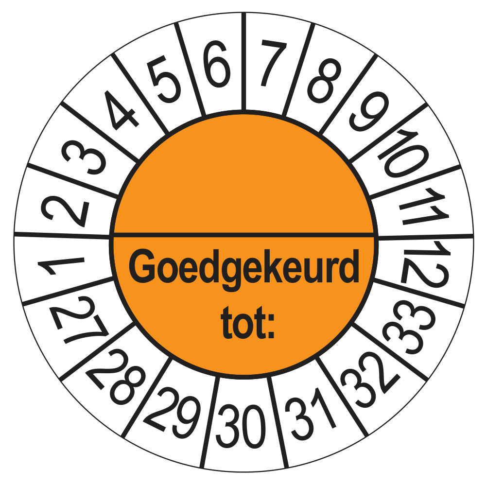 Keuringssticker Goedgekeurd tot met scheidingsstreep, oranje, Ø 35 mm