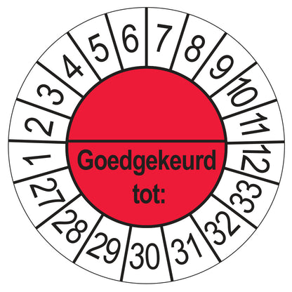 Keuringssticker Goedgekeurd tot met scheidingsstreep, rood, Ø 35 mm