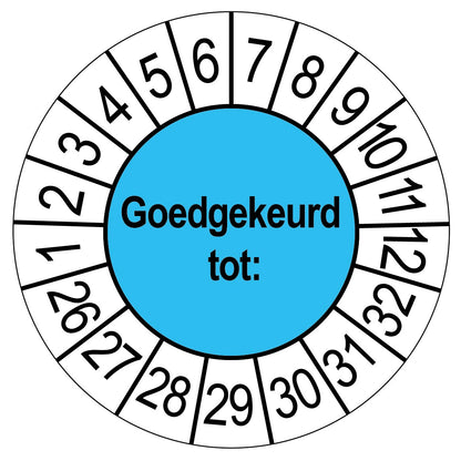 Keuringssticker Goedgekeurd tot, blauw met witte cijferrand, rond 35 mm vinyl