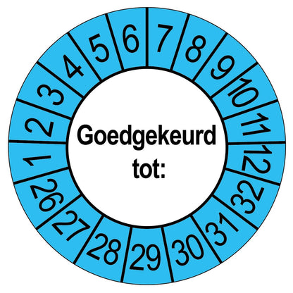Keuringssticker Goedgekeurd tot, wit met blauwe buitenrand, rond 35 mm vinyl