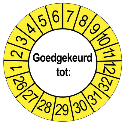 Keuringssticker Goedgekeurd tot, wit met gele buitenrand, rond 35 mm vinyl
