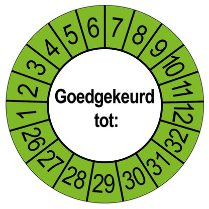Keuringssticker Goedgekeurd tot, wit met groene buitenrand, rond 35 mm vinyl