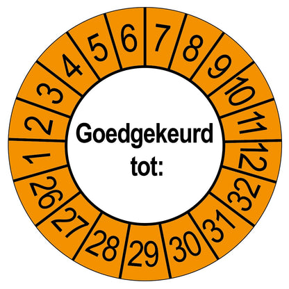 Keuringssticker Goedgekeurd tot, wit met oranje buitenrand, rond 35 mm vinyl