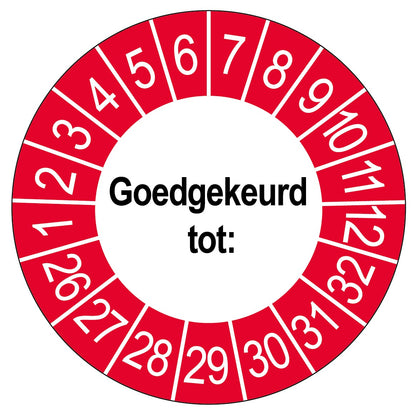 Keuringssticker Goedgekeurd tot, wit met rode buitenrand, rond 35 mm vinyl