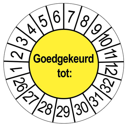 Keuringssticker Goedgekeurd tot, geel met witte cijferrand, rond 35 mm vinyl
