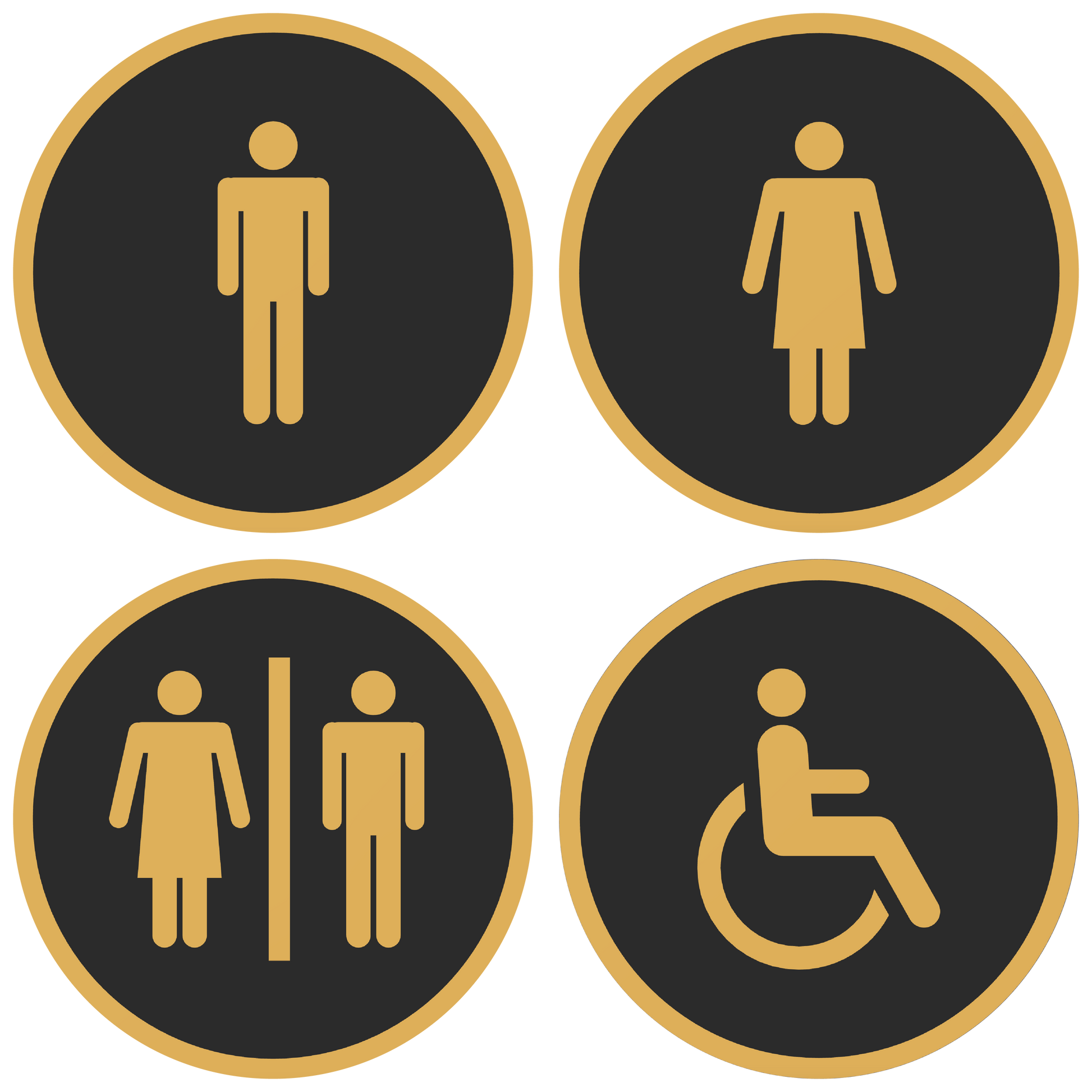 PLA toilet bordjes set 4x man vrouw invalide Zwart-Goud 125mm