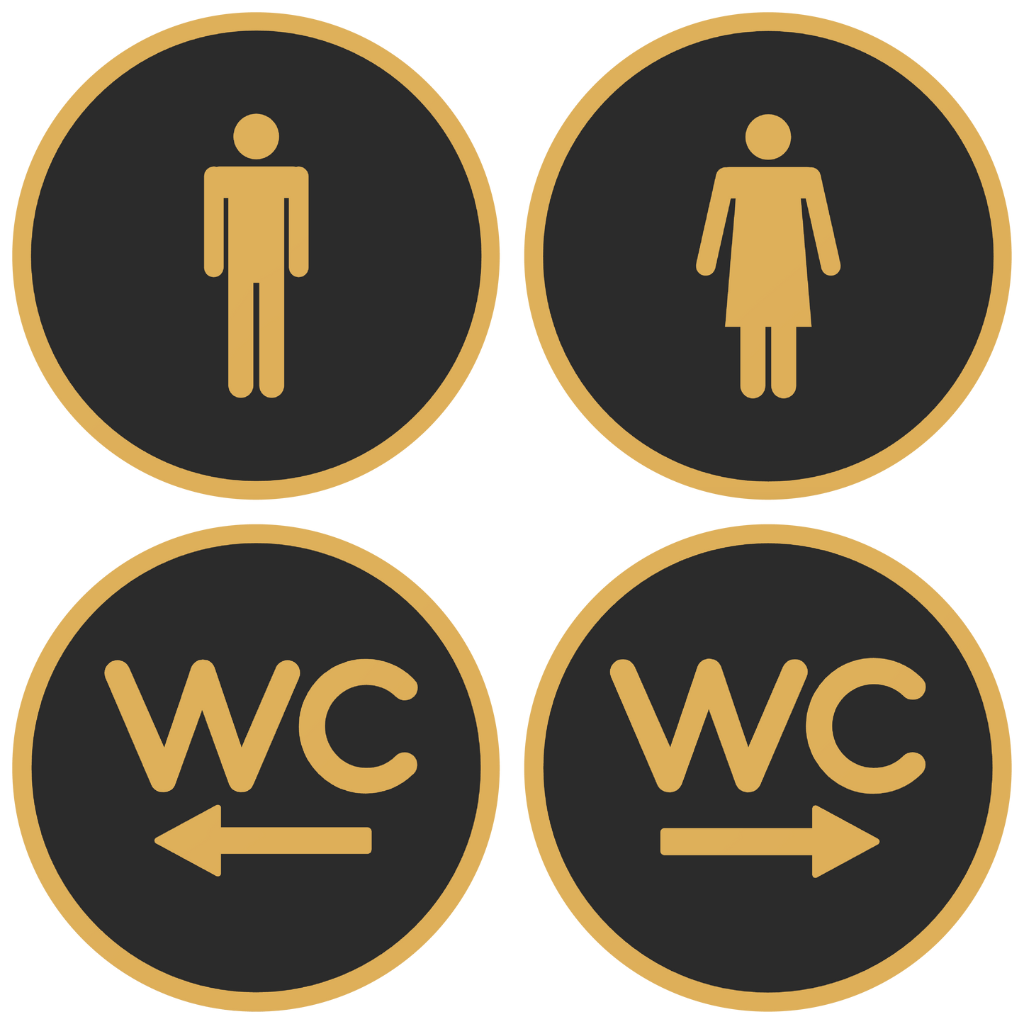 PLA toilet bordjes set 4x man vrouw WC pijl Zwart-Goud 125mm
