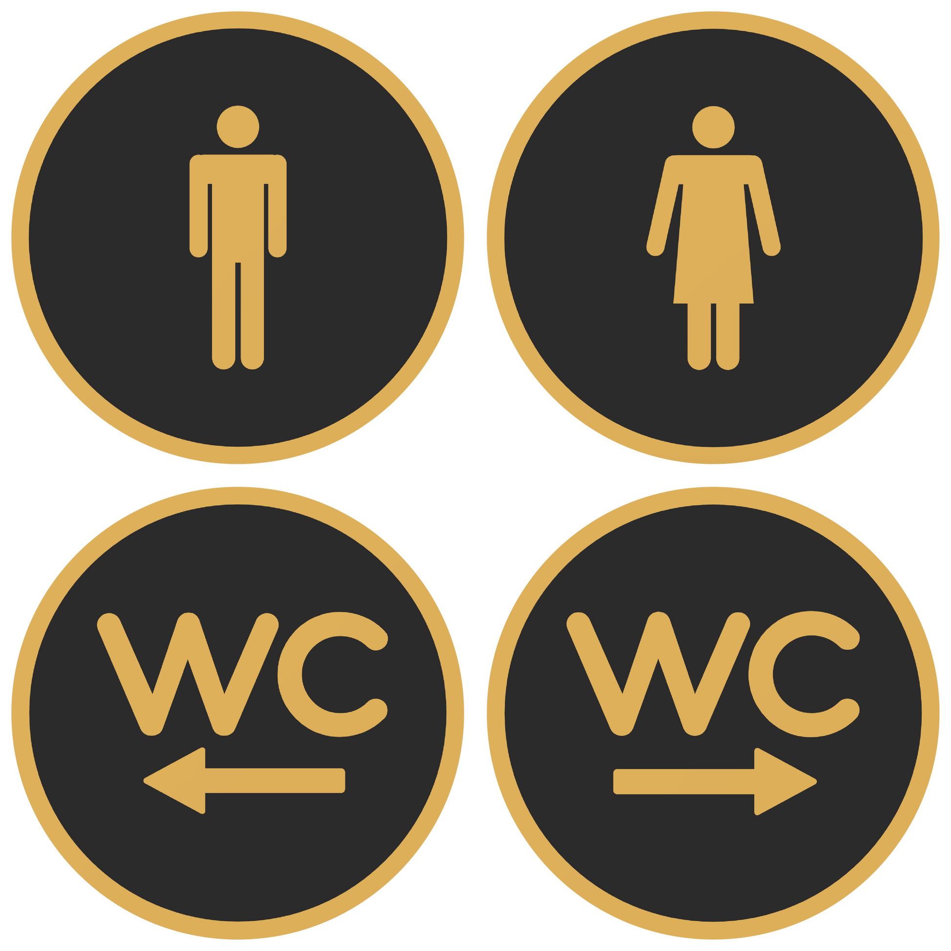 PLA toilet bordjes set 4x man vrouw WC pijl Zwart-Goud 125mm