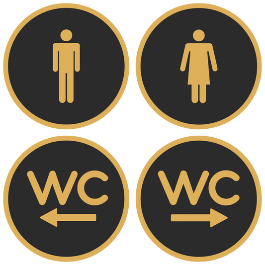PLA toilet bordjes set 4x man vrouw WC pijl Zwart-Goud 125mm