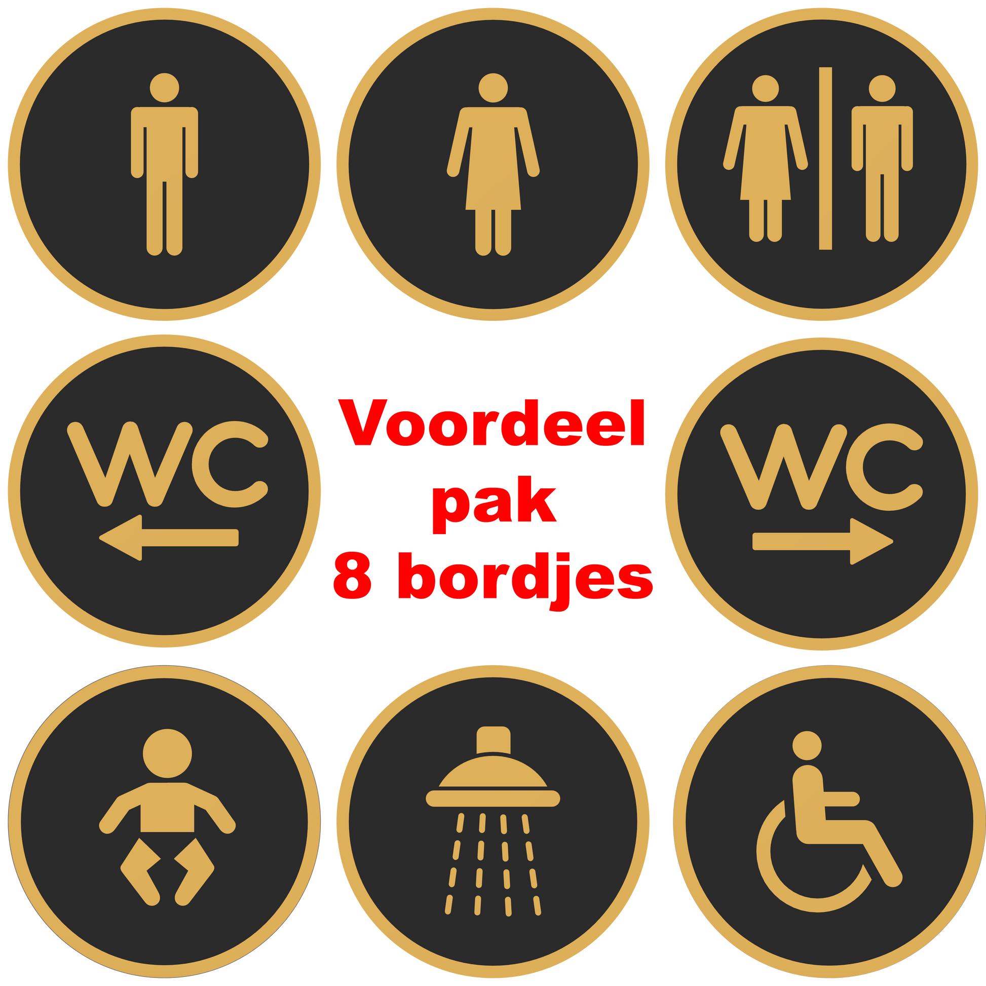 PLA toilet bordjes voordeel pack 8x Zwart-Goud overzicht