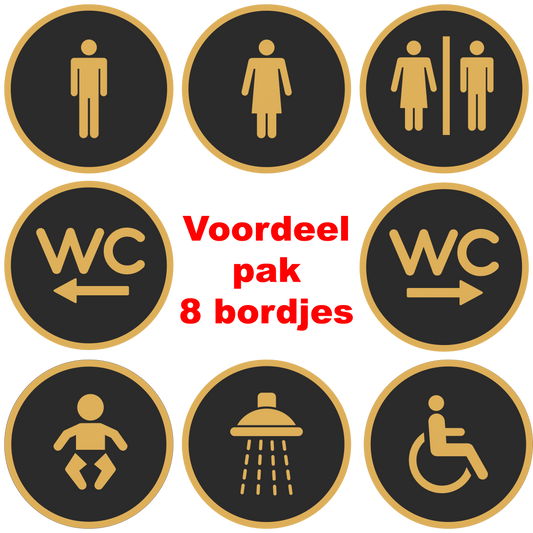 PLA toilet bordjes voordeel pack 8x Zwart-Goud overzicht