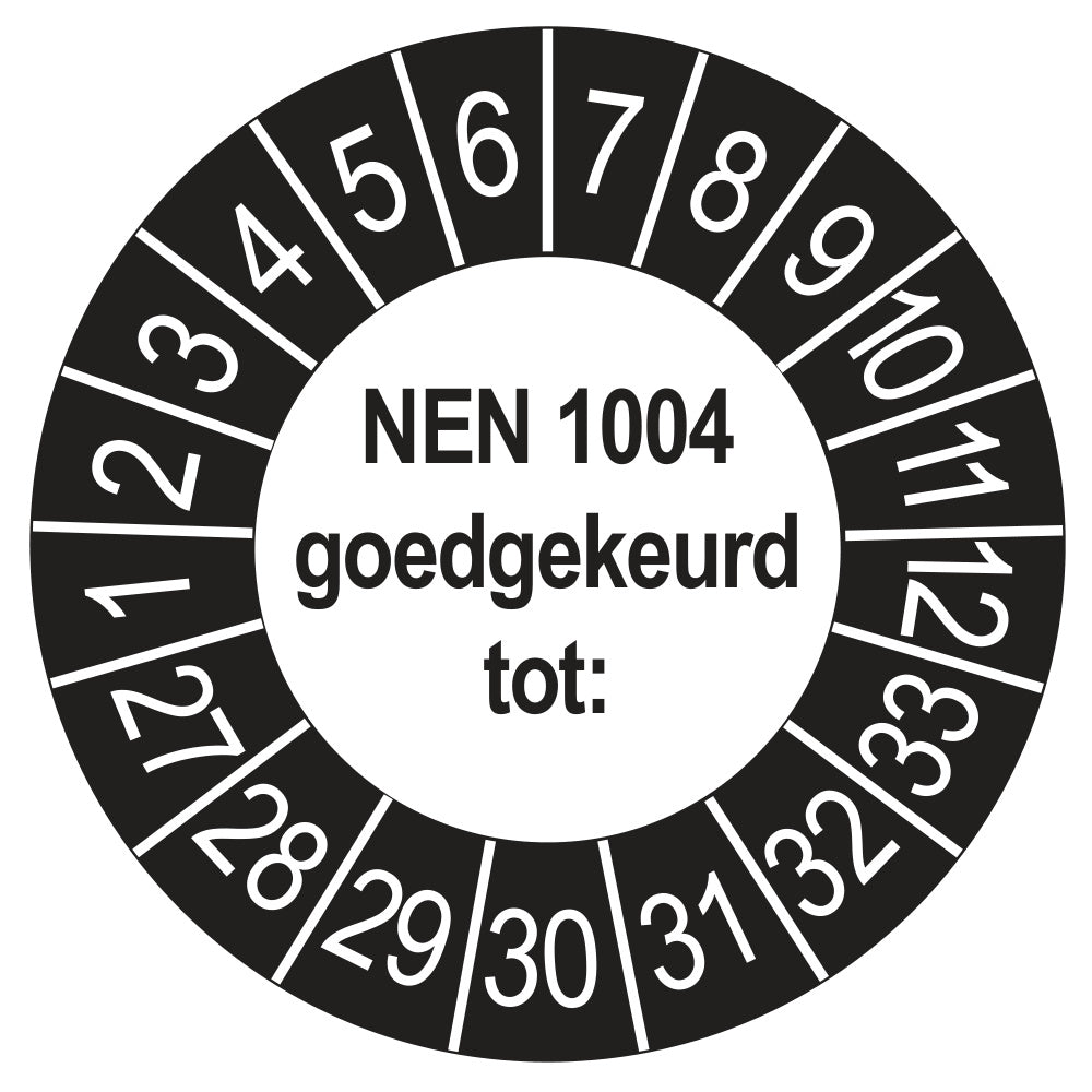 Keuringssticker NEN 1004 buiten zwart, Ø 35 mm