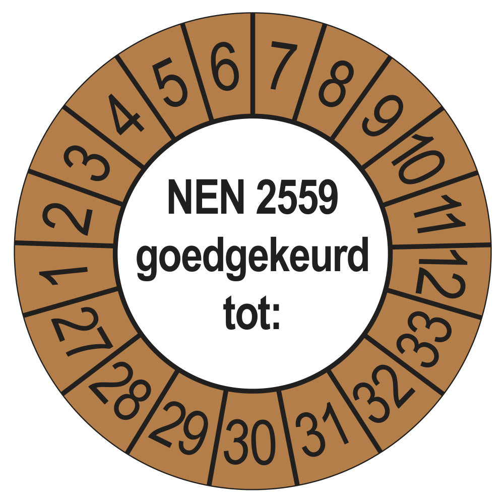 Keuringssticker NEN 2559 goedgekeurd tot, buiten bruin, Ø 35 mm