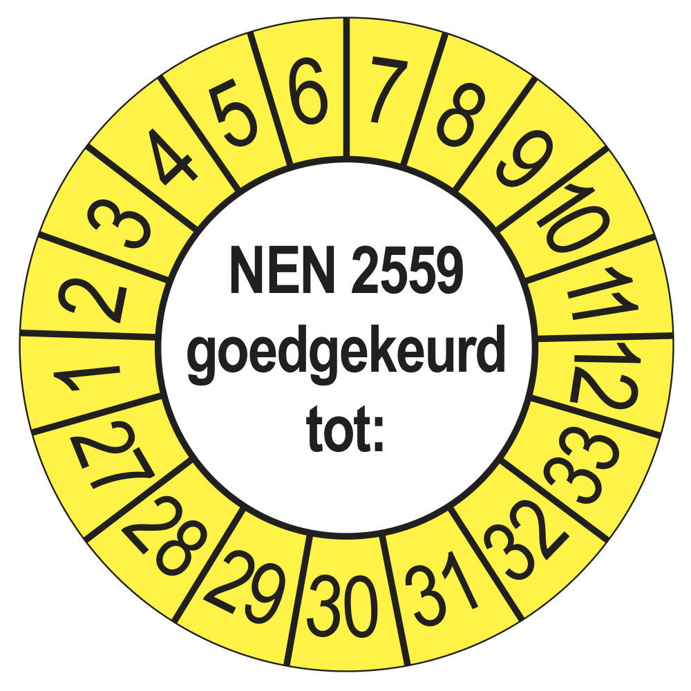 Keuringssticker NEN 2559 goedgekeurd tot, buiten geel, Ø 35 mm