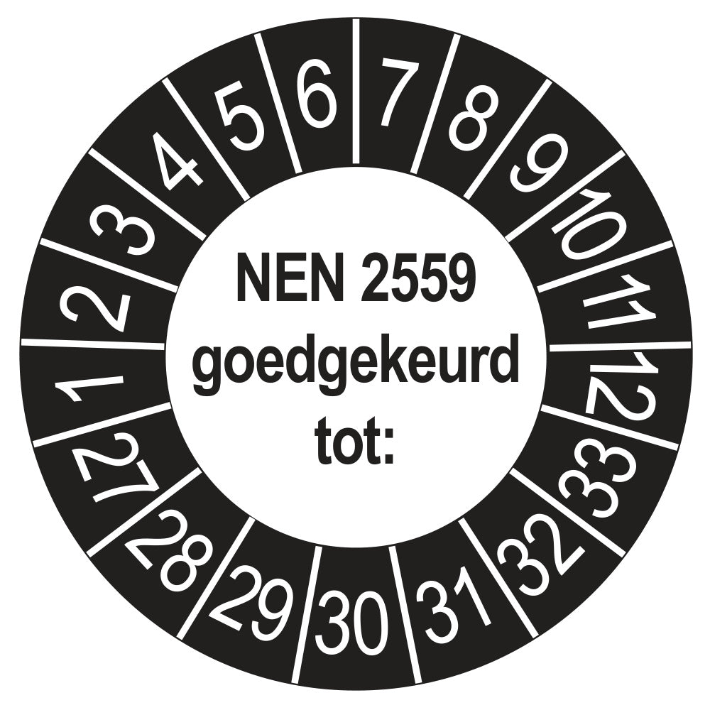 Keuringssticker NEN 2559 goedgekeurd tot, buiten zwart, Ø 35 mm