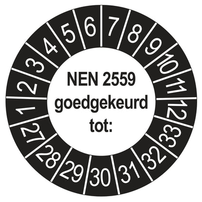 Keuringssticker NEN 2559 goedgekeurd tot, buiten zwart, Ø 35 mm