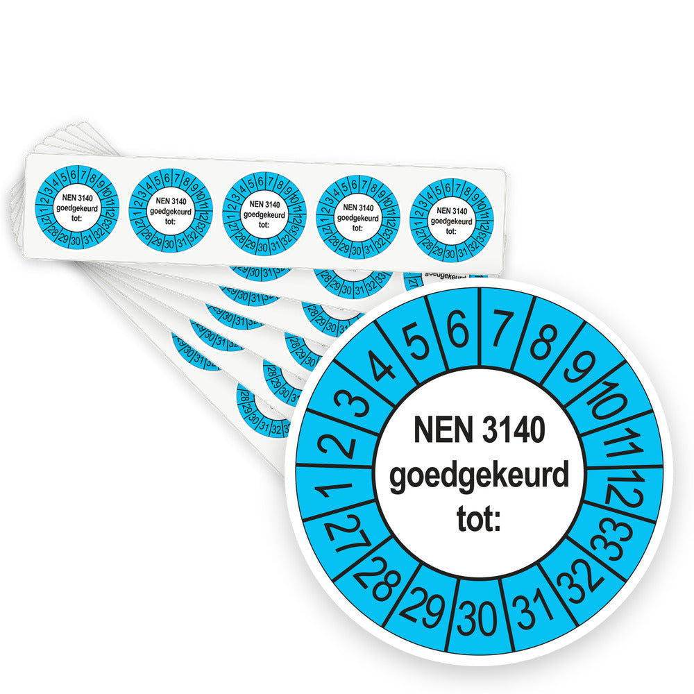 Keuringsstickers NEN 3140 Goedgekeurd tot 2027 | 100 stuks, Ø 35 mm | Buiten Blauw - stapel stroken