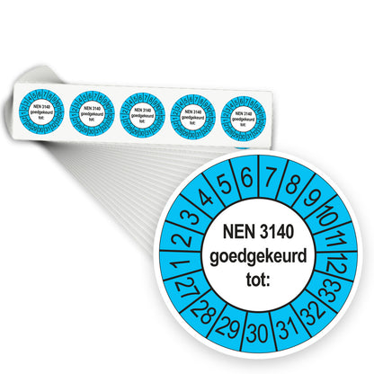Keuringsstickers NEN 3140 Goedgekeurd tot 2027 | 1000 stuks, Ø 35 mm | Buiten Blauw - stapel stroken