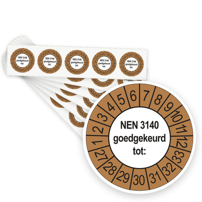 Keuringsstickers NEN 3140 Goedgekeurd tot 2027 | 100 stuks, Ø 35 mm | Buiten Bruin - stapel stroken