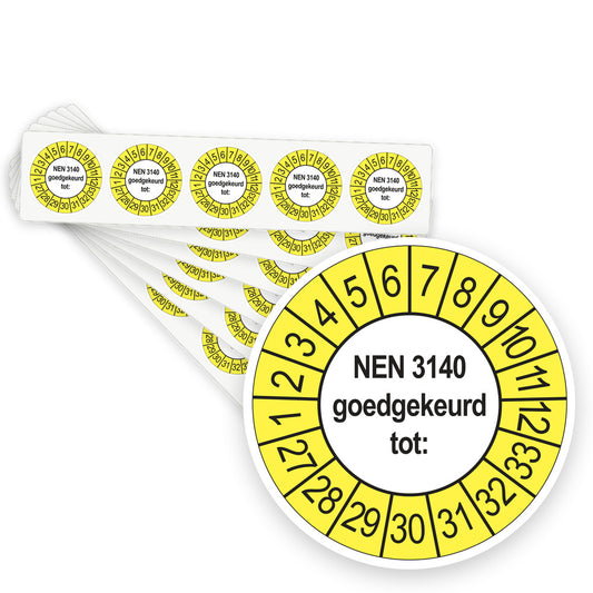 Keuringsstickers NEN 3140 Goedgekeurd tot 2027 | 100 stuks, Ø 35 mm | Buiten Geel - stapel stroken