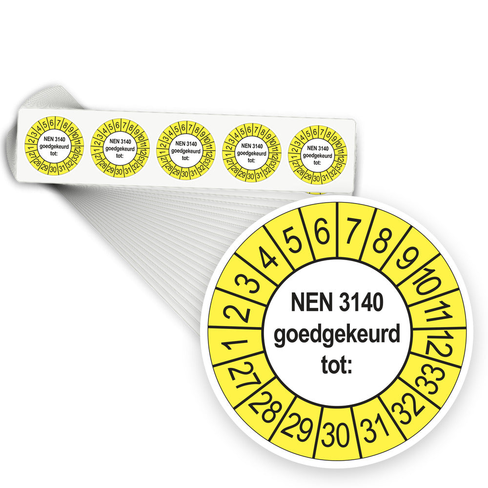 Keuringsstickers NEN 3140 Goedgekeurd tot 2027 | 1000 stuks, Ø 35 mm | Buiten Geel - stapel stroken