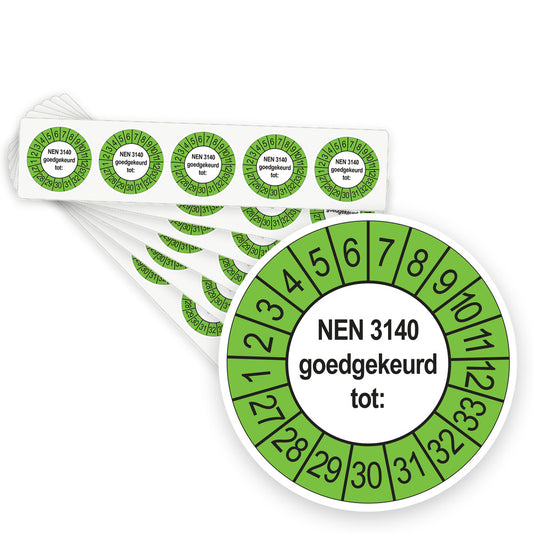 Keuringsstickers NEN 3140 Goedgekeurd tot 2027 | 100 stuks, Ø 35 mm | Buiten Groen - stapel stroken