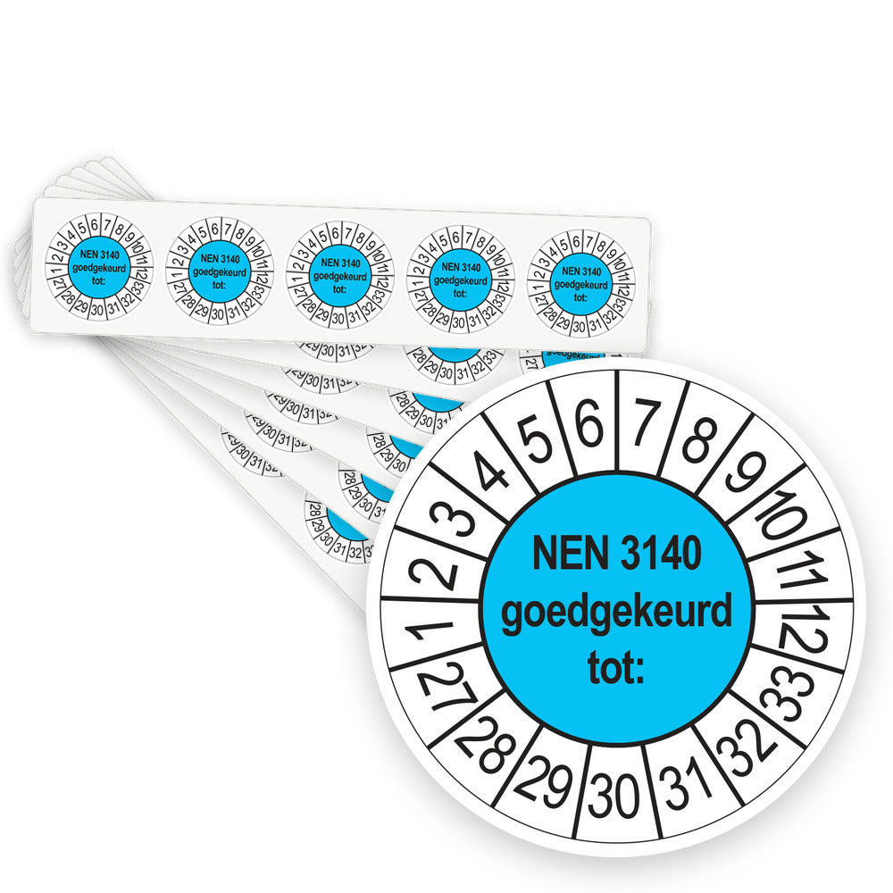 Keuringsstickers NEN 3140 Goedgekeurd tot 2027 | 100 stuks, Ø 35 mm | Blauw - stapel stroken