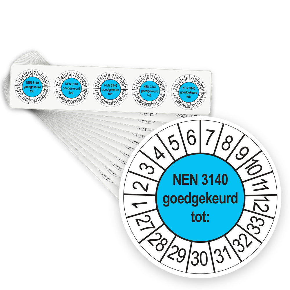 Keuringsstickers NEN 3140 Goedgekeurd tot 2027 | 500 stuks, Ø 35 mm | Blauw - stapel stroken