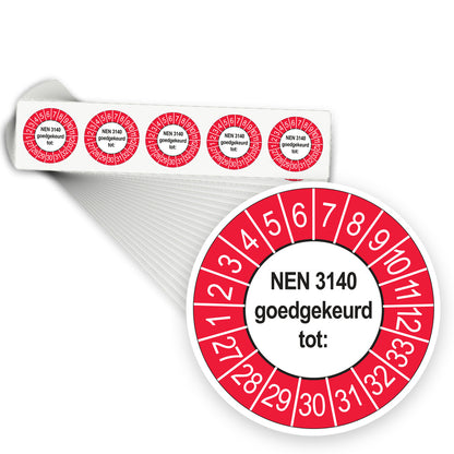 Keuringsstickers NEN 3140 Goedgekeurd tot 2027 | 1000 stuks, Ø 35 mm | Buiten Rood - stapel stroken