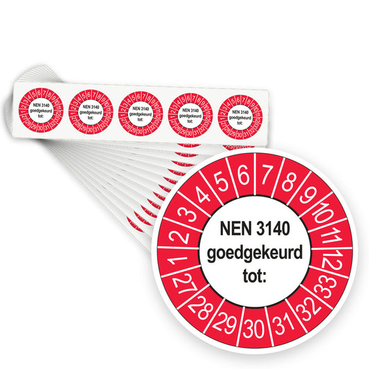 Keuringsstickers NEN 3140 Goedgekeurd tot 2027 | 500 stuks, Ø 35 mm | Buiten Rood - stapel stroken