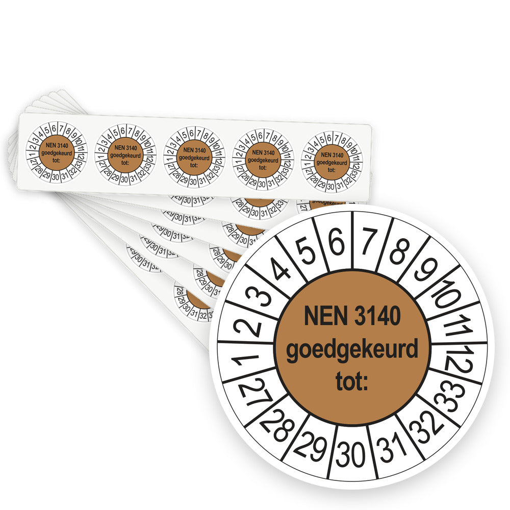 Keuringsstickers NEN 3140 Goedgekeurd tot 2027 | 100 stuks, Ø 35 mm | Bruin - stapel stroken