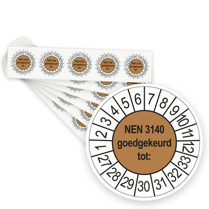 Keuringsstickers NEN 3140 Goedgekeurd tot 2027 | 100 stuks, Ø 35 mm | Bruin - stapel stroken