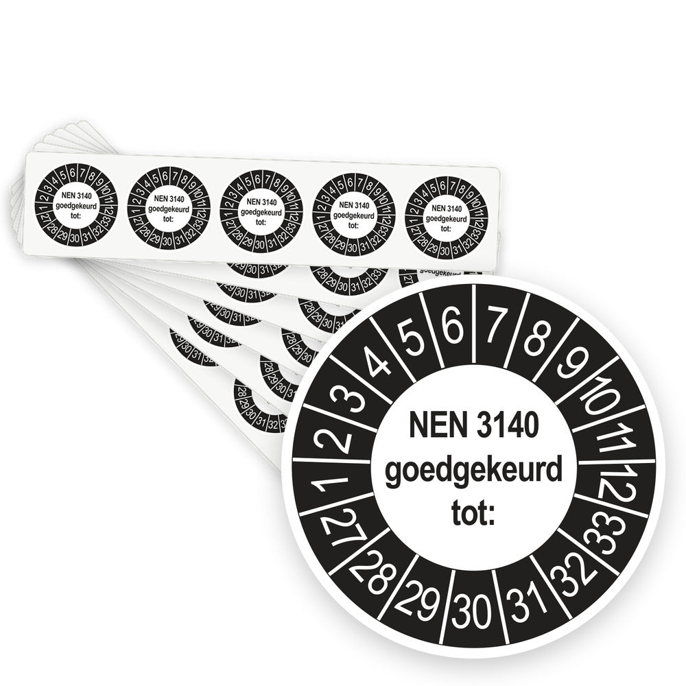 Keuringsstickers NEN 3140 Goedgekeurd tot 2027 | 100 stuks, Ø 35 mm | Buiten Zwart - stapel stroken