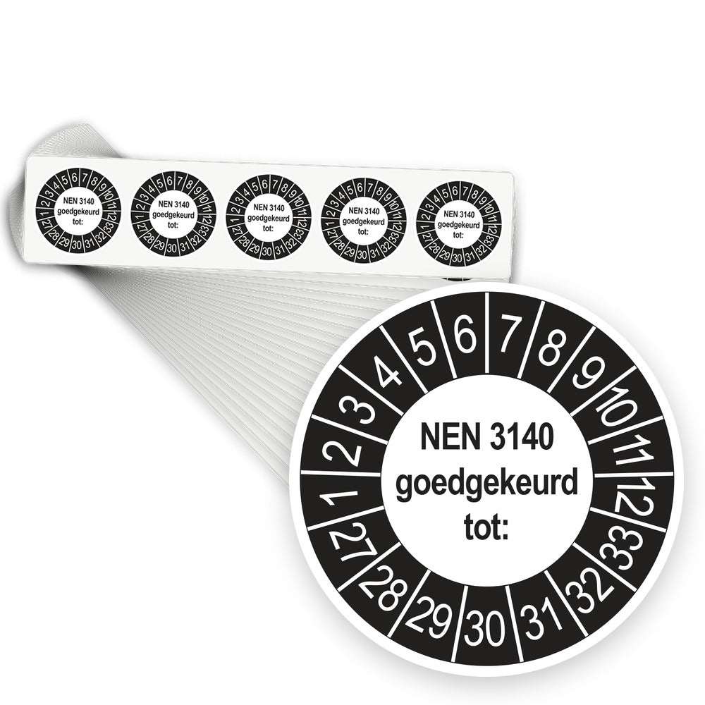 Keuringsstickers NEN 3140 Goedgekeurd tot 2027 | 1000 stuks, Ø 35 mm | Buiten Zwart - stapel stroken